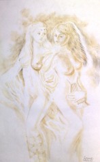 Sappho si una dintre fetele de pe insula Lesbos, pictura facuta cu cafea