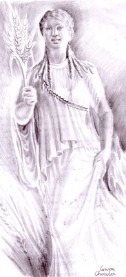 Kore sau o fata din Grecia antica, desen in creion