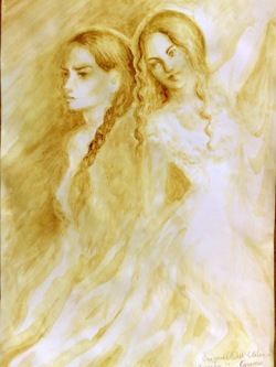 Aurica si Otilia din romanul Enigma Otiliei, pictura facuta doar cu cafea