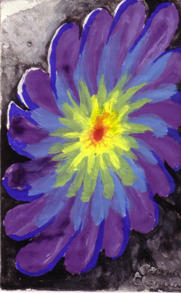O floare in culorile curcubeului, pictura tempera si acurela
