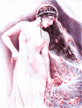 Sappho si trandafirul ei, desen in pix