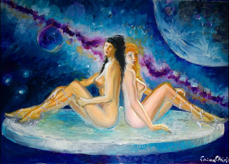 Doua femei impreuna in univers pictura pe sticla - Lesbian nude painting on glass