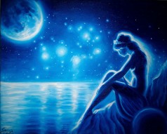 Sappho privind Pleiadele si luna la apus, pictura ulei pe panza
