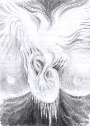 Pasarea Phoenix renascand dintr-o inima de gheata, desen in creion