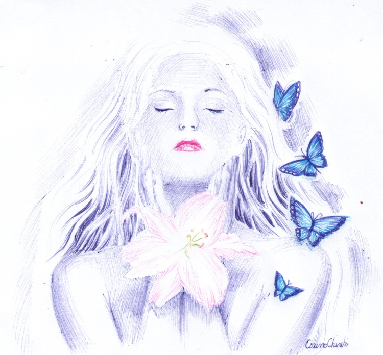Portret de fata cu crin si fluturi - girl portrait with lily and butterflies